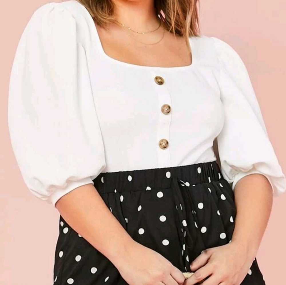 SHEIN White Square Neck Lantern Sleeve Button Blouse